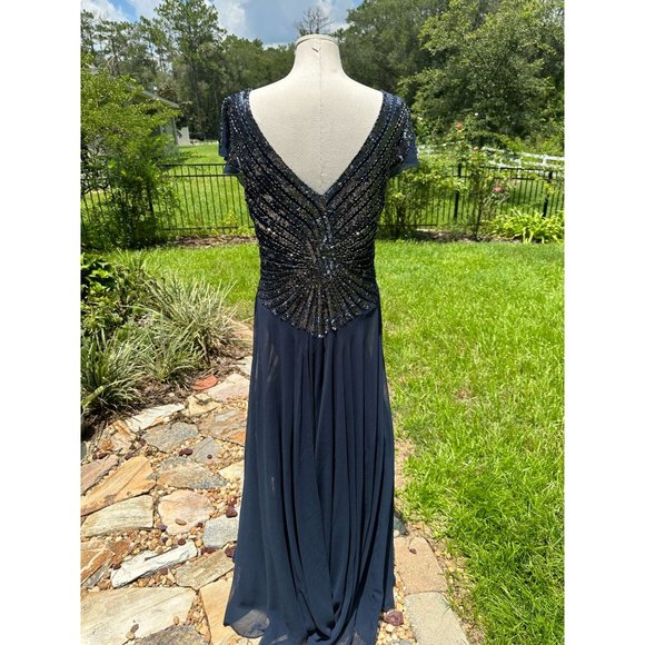 J Kara Gown Maxi Dress Sequin Beaded V Neck V Back Flutter Sleeve A-Line Blue 16 - Picture 6 of 16